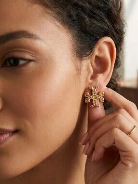 Tory Burch Roxanne Amber Jeweled Logo Gold Tone Stud Earrings